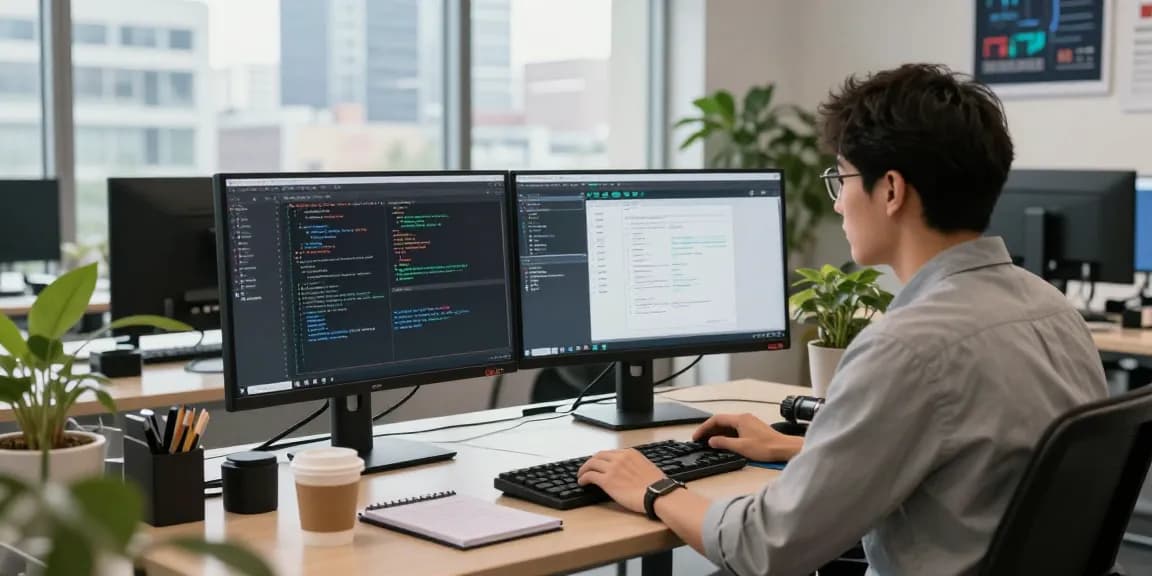 Build internal tools with AI in a modern office workspace bustling with developers collaborating over coding projects and design interfaces.