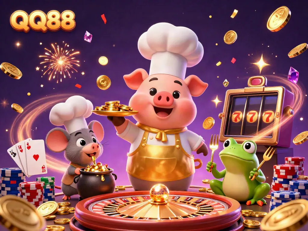 In a vibrant casino scene, QQ88 brings fortune with a chef pig serving gold coins while gems and treasures cascade around.