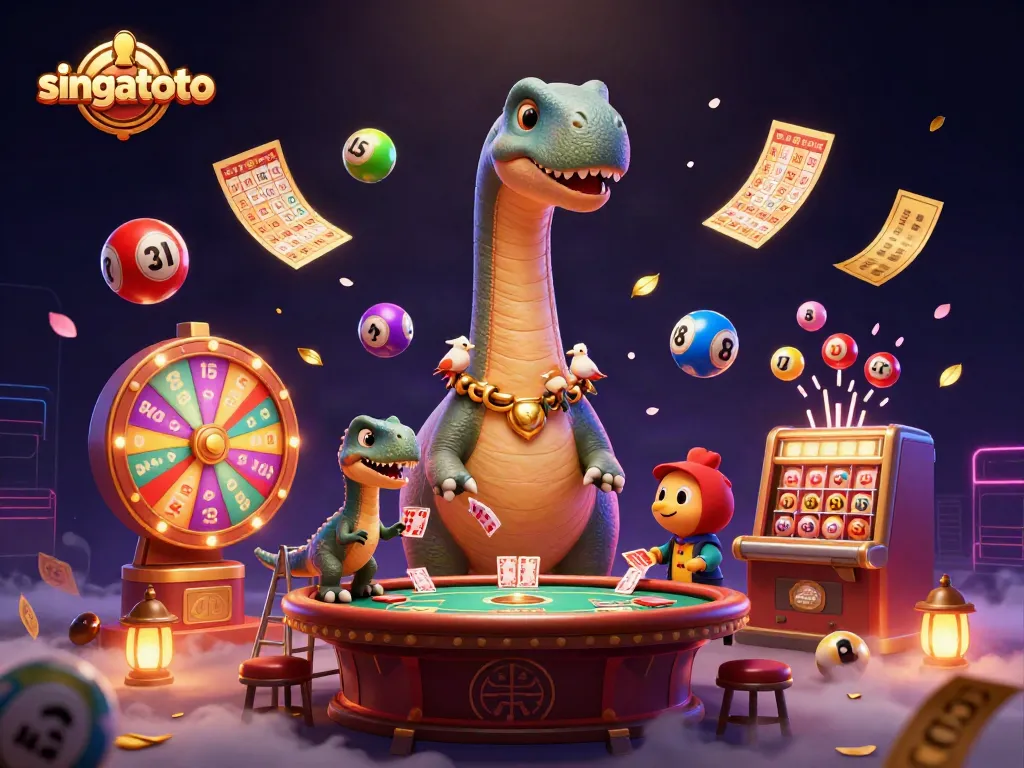 Experience singatoto's lively gaming scene as a brontosaurus watches while cards are dealt.
