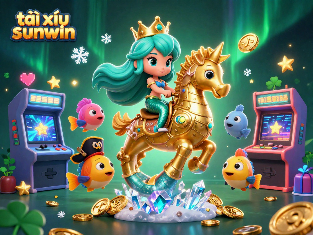 Tài xỉu sunwin brings vibrant gaming action with mermaids and arcade machines in a colorful underwater casino scene.