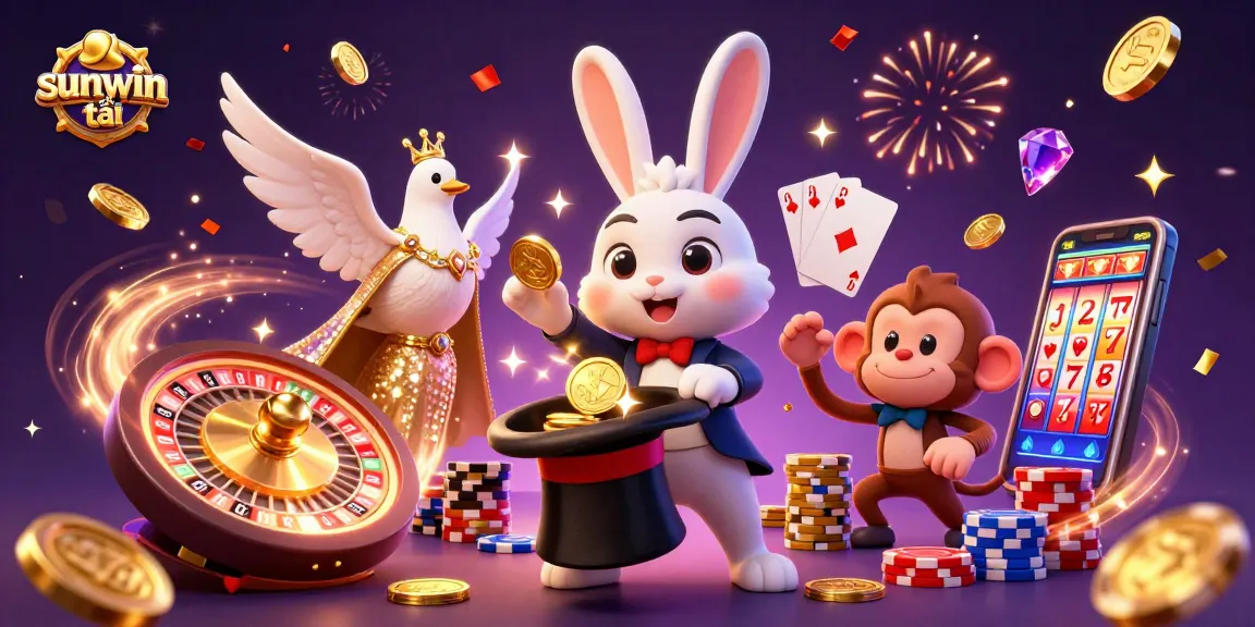 Win big with sunwin tải as a magician rabbit conjures coins in a lively casino setting.