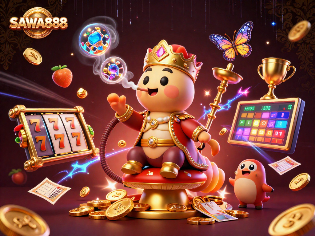 Spin to win with SAWA888's vibrant slots and gaming elements showcased in this dynamic illustration.
