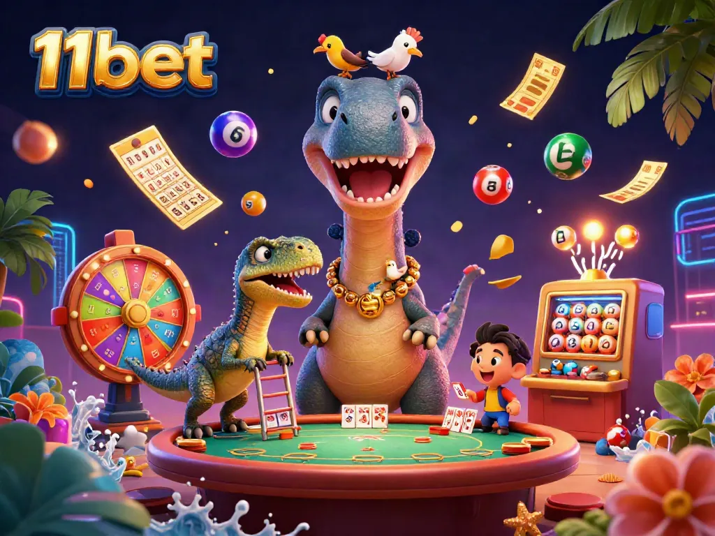 Participate in exciting gaming with 11bet's vibrant casino scene featuring engaging cartoon characters.