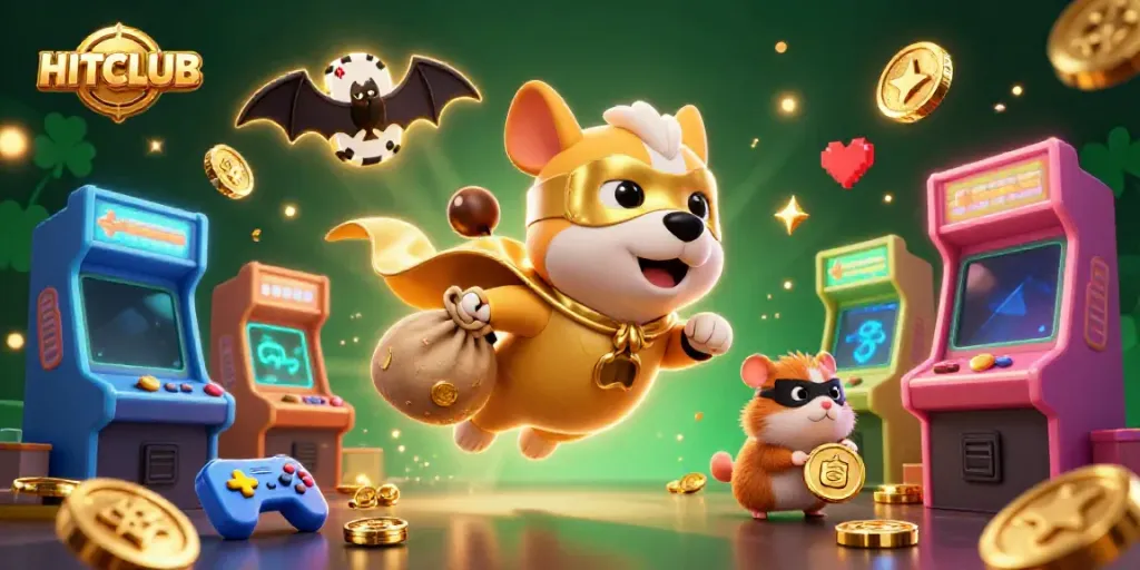 HITCLUB superhero dog and hamster soar with golden coins above vibrant casino elements.
