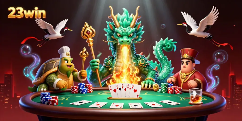 Experience live gaming excitement at 23win with dynamic characters and poker elements in a captivating scene.