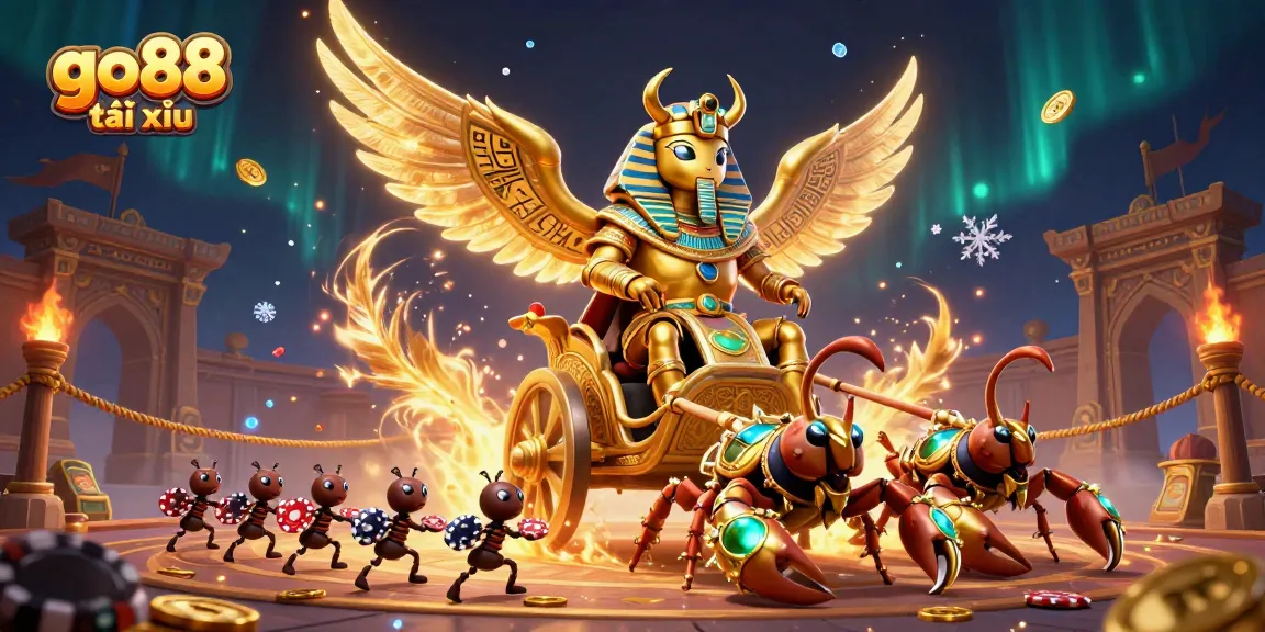 Engage in thrilling go88 tài xỉu action featuring a golden scarab and scorpions in a vibrant casino arena.