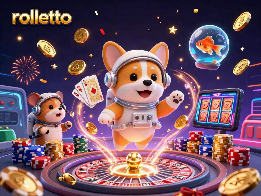 Experience rolletto excitement in a dynamic casino space adventure with fun characters and vibrant gaming elements.