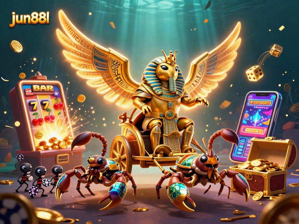 Experience thrilling casino action with jun88ld's vibrant 3D chariot pulled by scorpions, chips flying everywhere.