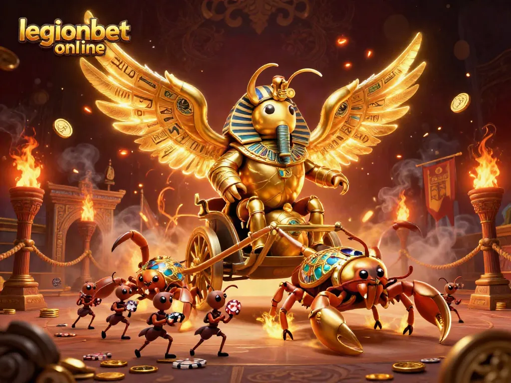 Experience the excitement at legionbet online with a 3D cartoon golden scarab and thrilling casino action.