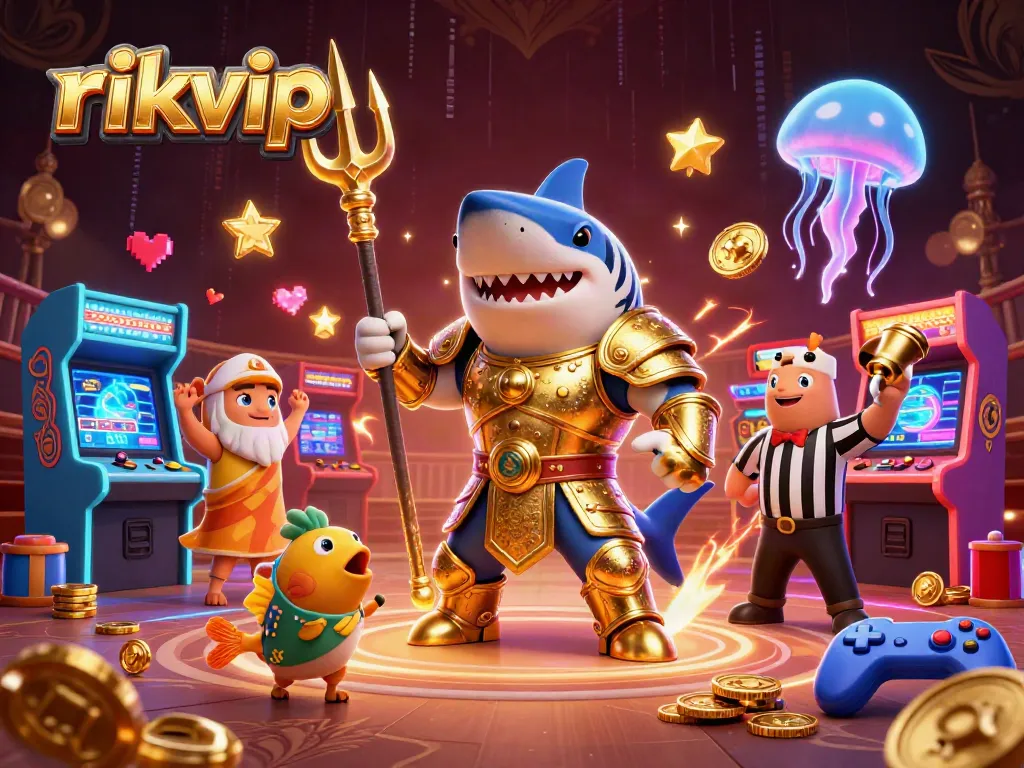 Experience the excitement of rikvip as a 3D tiger shark competes in an underwater gaming arena.