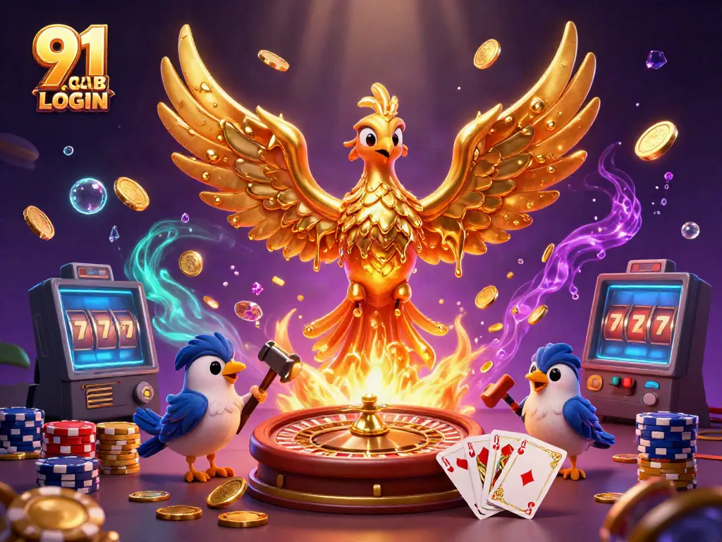 Experience 91 CLUB LOGIN with golden phoenix and dynamic casino elements in a rich illustration.