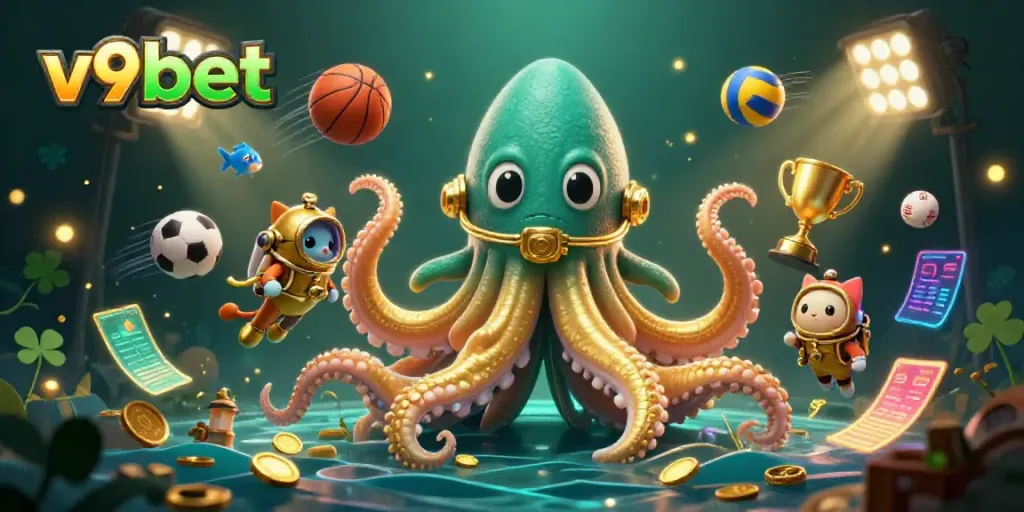 Experience the thrill of v9bet, featuring a colossal kraken and diving cat amid sports excitement.