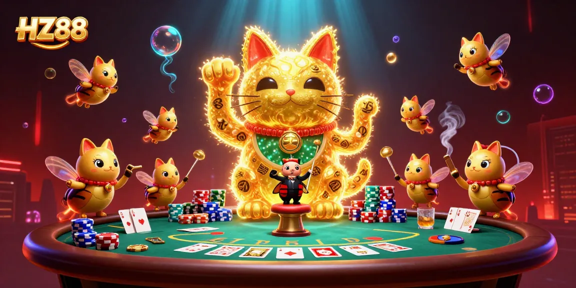 Experience HZ88's vibrant 3D depiction of a lucky cat and poker elements in a dynamic casino scene.