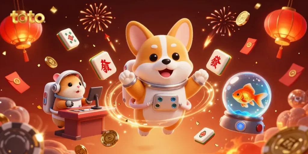 Engage in 3D adventures with toto in a cartoon space station casino featuring floating poker chips and coins.