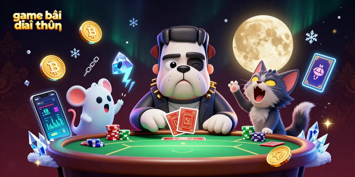 Engage in game bài đổi thưởng with an exciting poker scene featuring cartoon characters and crypto elements.
