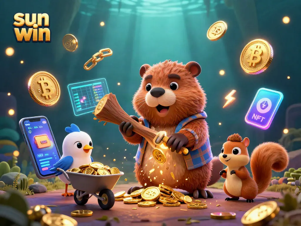 Win big at sun win with a 3D casino illustration featuring playful beaver characters and vibrant coins.