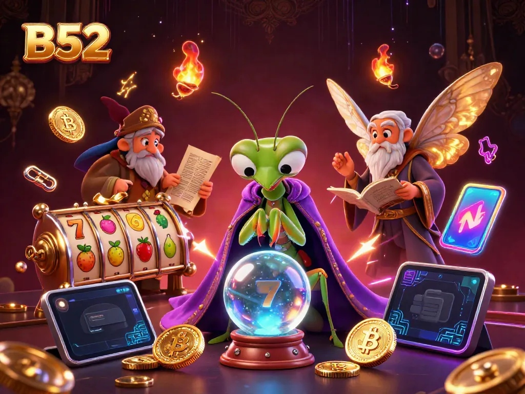 Engaged characters in a vibrant B52 casino scene featuring a mantis fortune teller, slot reels, and crypto elements.