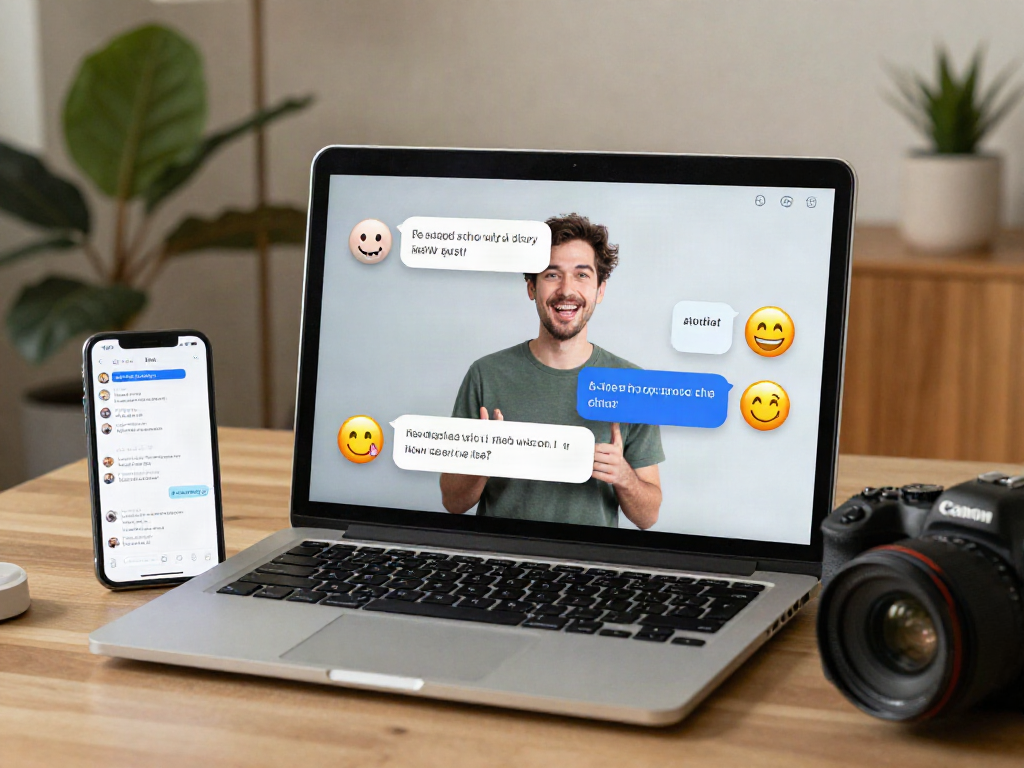 Engaging conversation about nsfw ai chat in a cozy home office with animated chat bubbles and playful emojis.