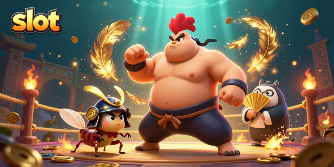 Spin vibrant slot elements featuring a rooster sumo wrestler and a samurai cricket in a dynamic casino arena.