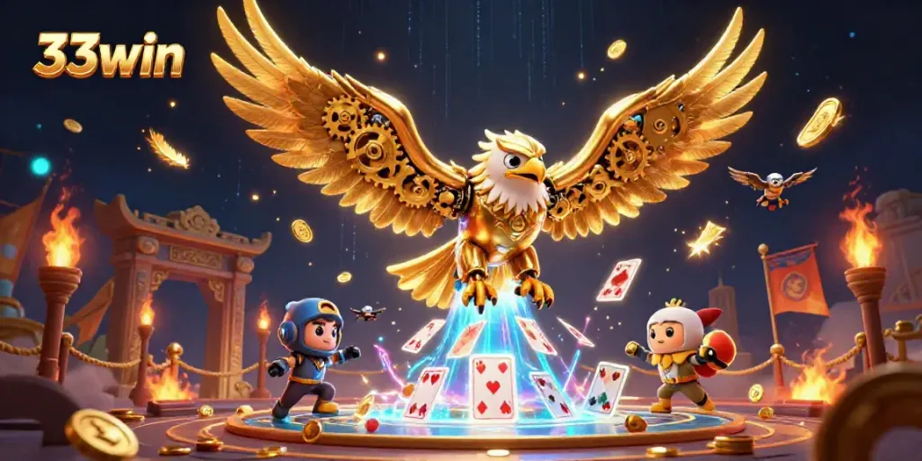 Experience exhilarating gaming action with 33win's vibrant casino world featuring dynamic characters and holographic elements.