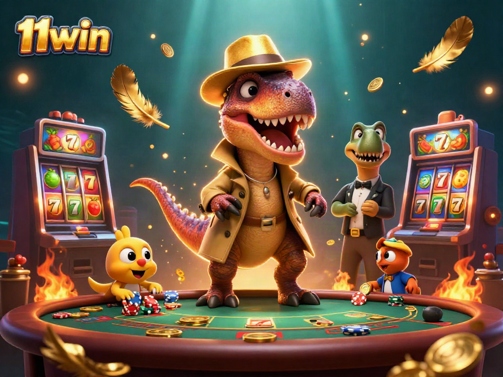 Experience thrilling blackjack action at 11win with a clever velociraptor and vibrant casino elements.