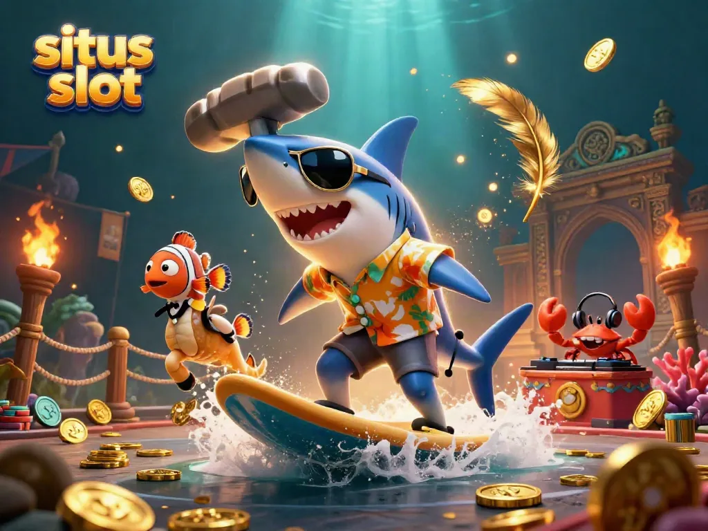 Engaging scene of situs slot with a shark, clownfish, and crab in vibrant underwater casino.