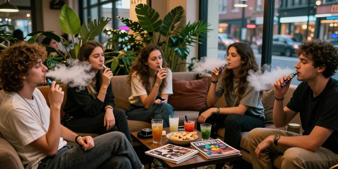 Friends enjoying THC vapes in an urban lounge with vibrant atmosphere and cozy settings.