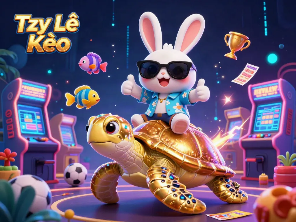 Tỷ Lệ Kèo betting scene with a lucky rabbit and golden sea turtle amid sports elements