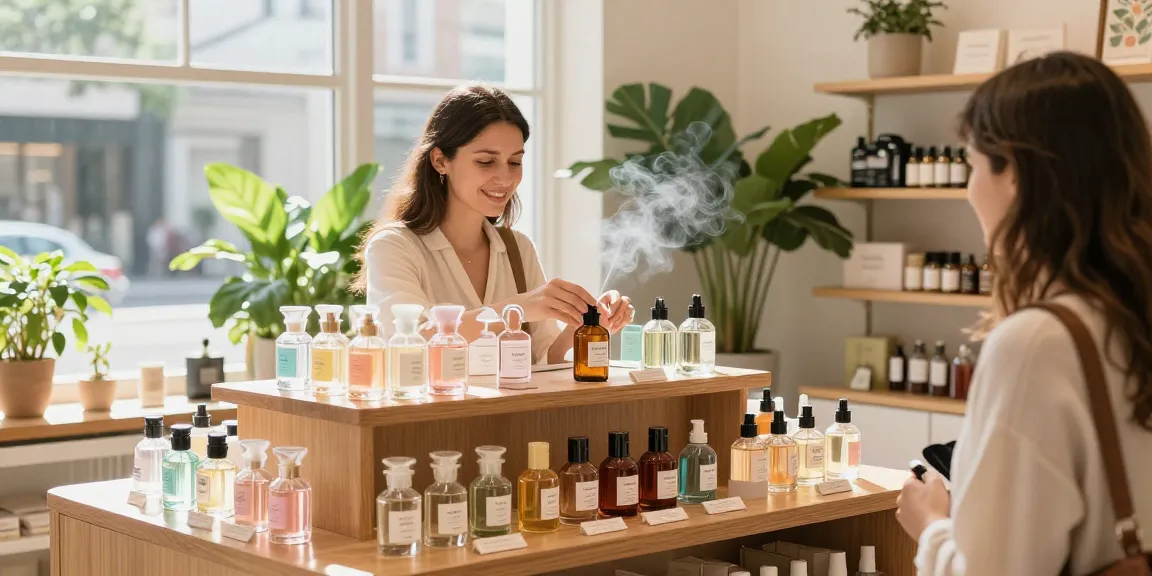 Explore vegan fragrances at a charming boutique, showcasing natural beauty.