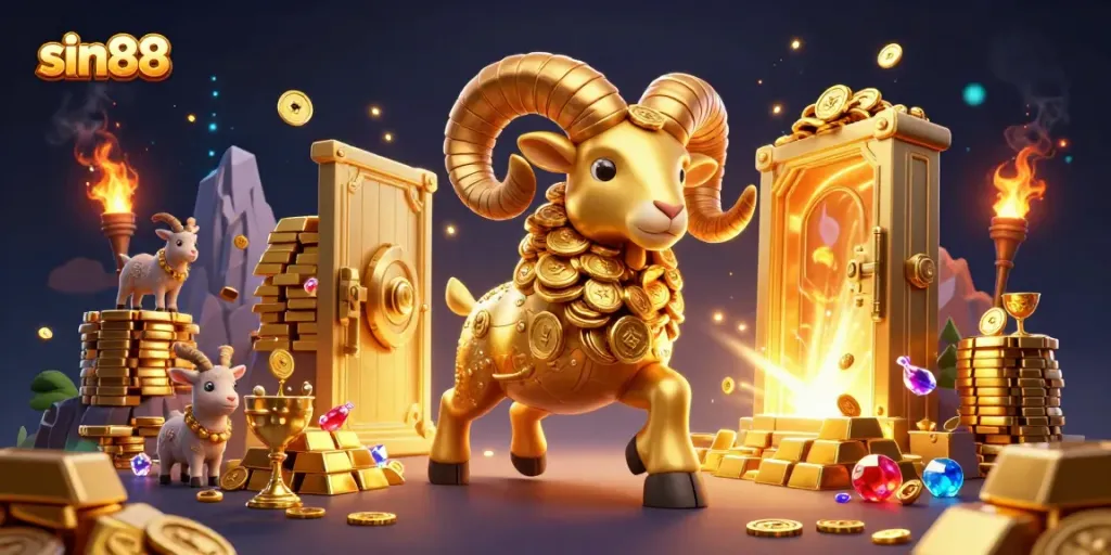 Experience the thrill of sin88 with a dynamic 3D scene featuring golden symbols of luck and wealth.