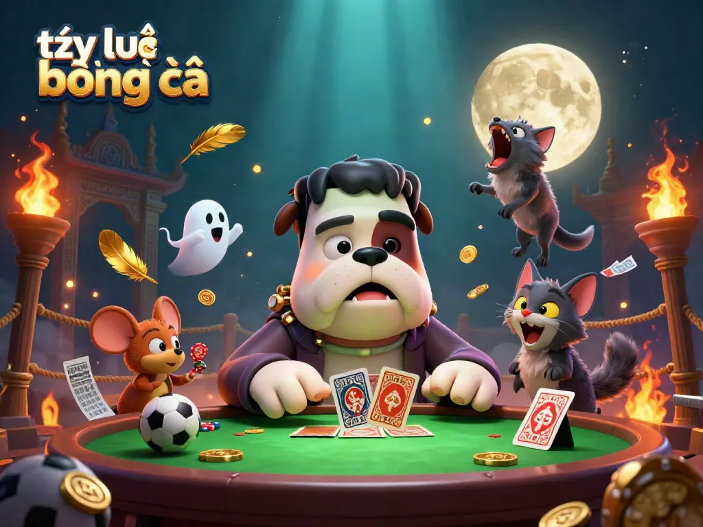 Engage with tỷ lệ bóng đá at a spooky casino scene featuring a cartoon Frankenstein bulldog, ghost mouse, and werewolf kitten.
