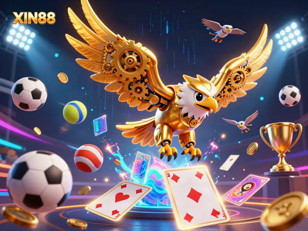 Experience thrilling gaming with XIN88 as a cybernetic eagle dives through cards amidst vibrant sports elements.