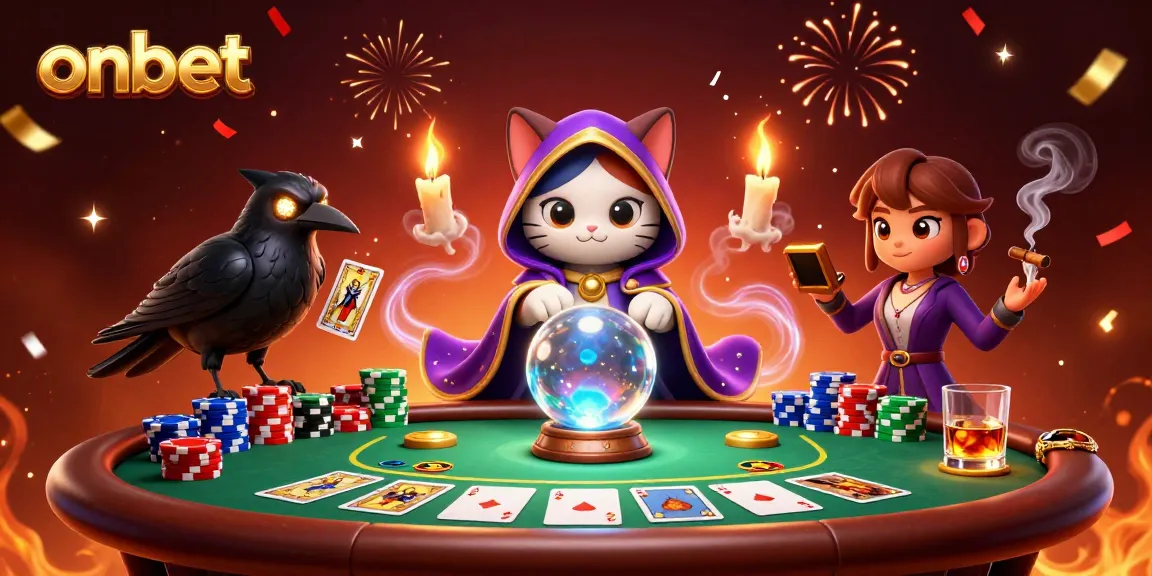 Engage with Onbet's vibrant casino energy featuring a mystical scene of fortune tellers and poker elements.
