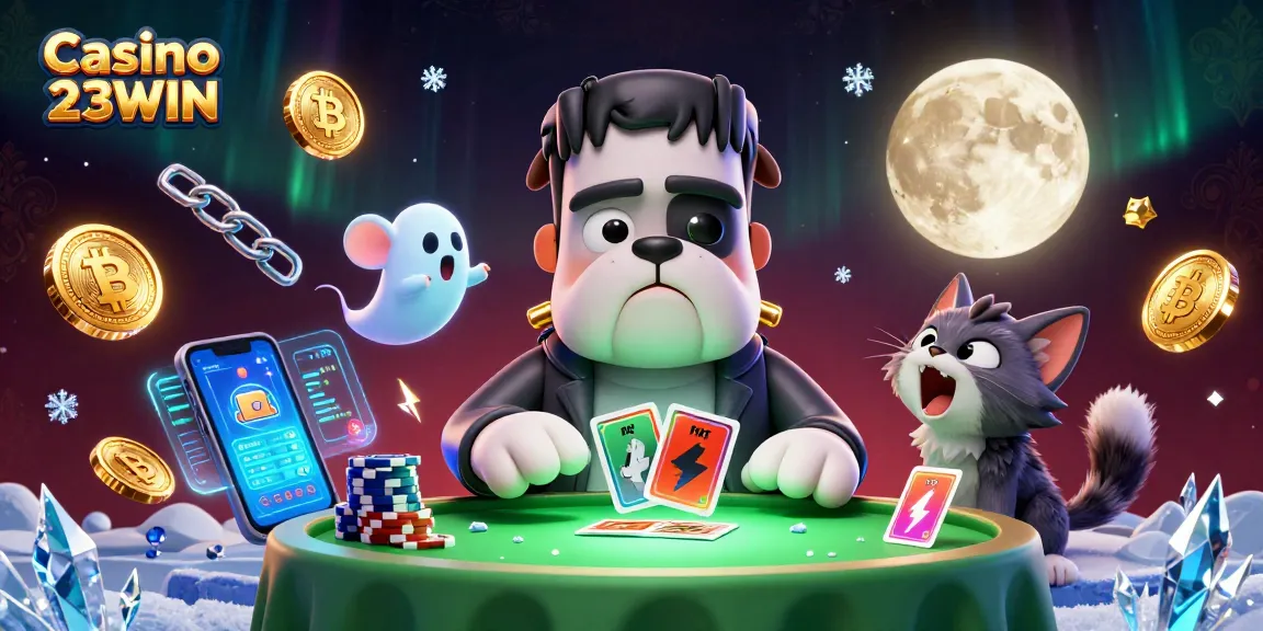 Casino 23WIN showcases a 3D monster dealing cards at a vivid online gaming table, bringing excitement to players.
