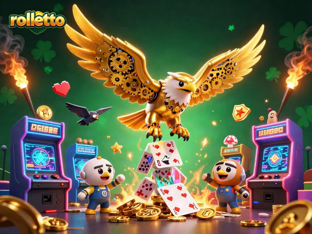 Experience rolletto's excitement with a cybernetic eagle in a dynamic casino-themed scene.