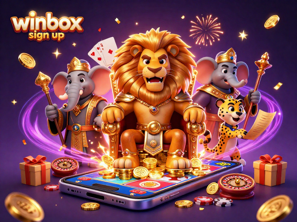 Winbox sign up scene featuring a lion king, elephant advisor, and cheetah messenger surrounded by casino elements.