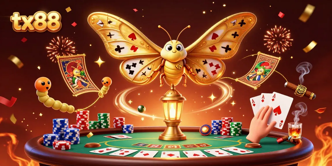 Experience jackpot thrills with tx88 as card suits surround a vibrant casino scene featuring an atlas moth.