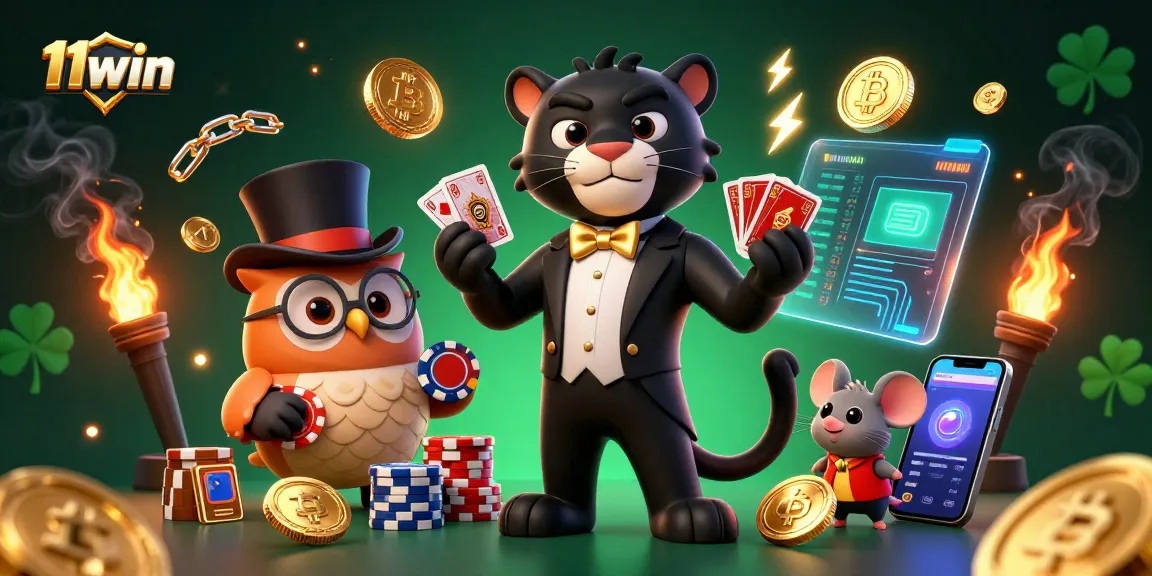 Engage with 11win as vibrant cartoon characters deal cards at a lively casino.