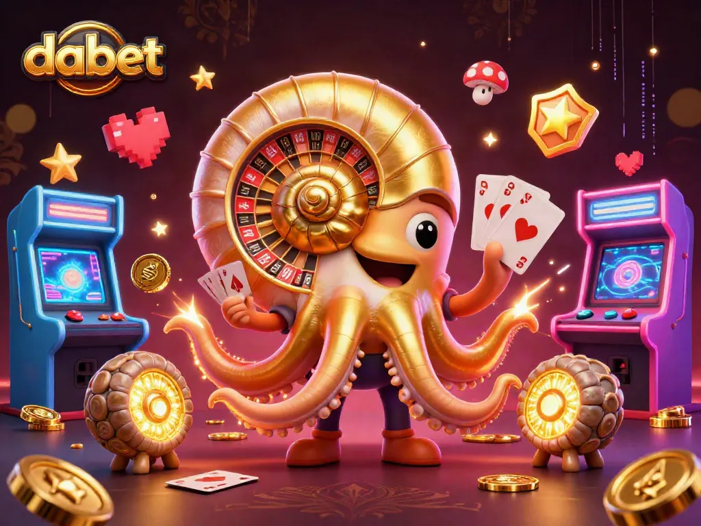 Play exciting games at dabet with a 3D cartoon nautilus roulette and glowing cards.