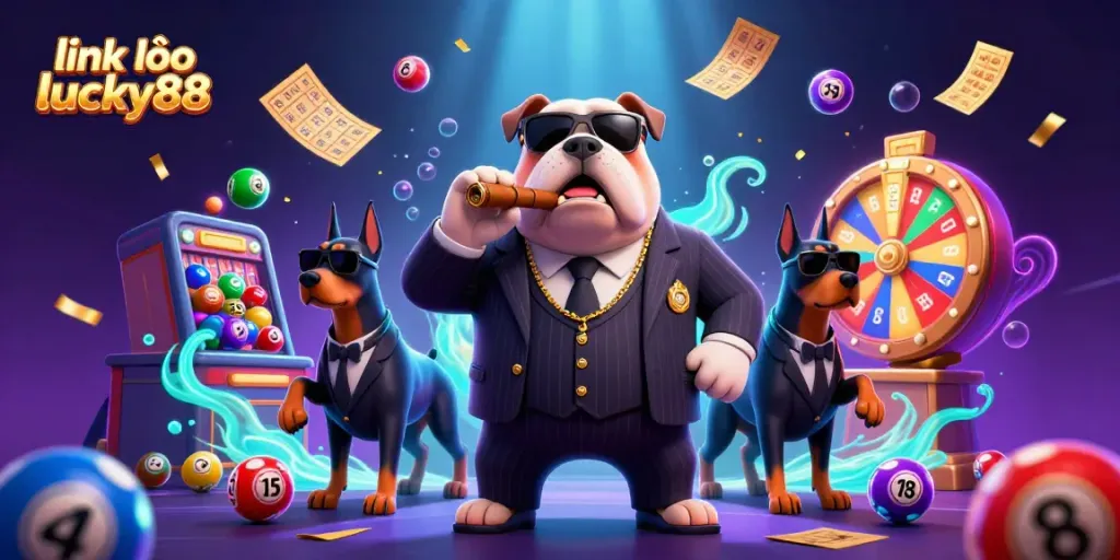 Engage with link vào lucky88 in a vibrant 3D casino scene featuring a mafia boss and bodyguards.