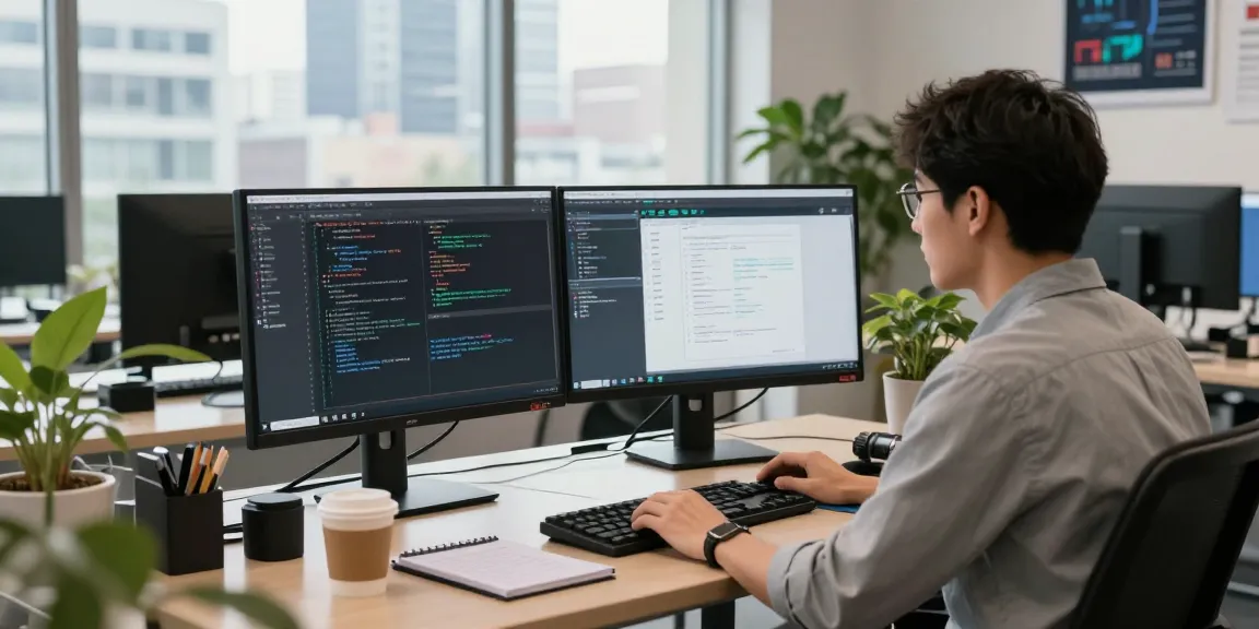 Build internal tools with AI in a modern office workspace bustling with developers collaborating over coding projects and design interfaces.