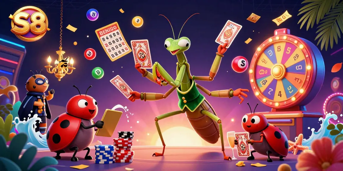 S8 promotes a vibrant online casino experience with a cartoon praying mantis card sharp and playful gambling elements.