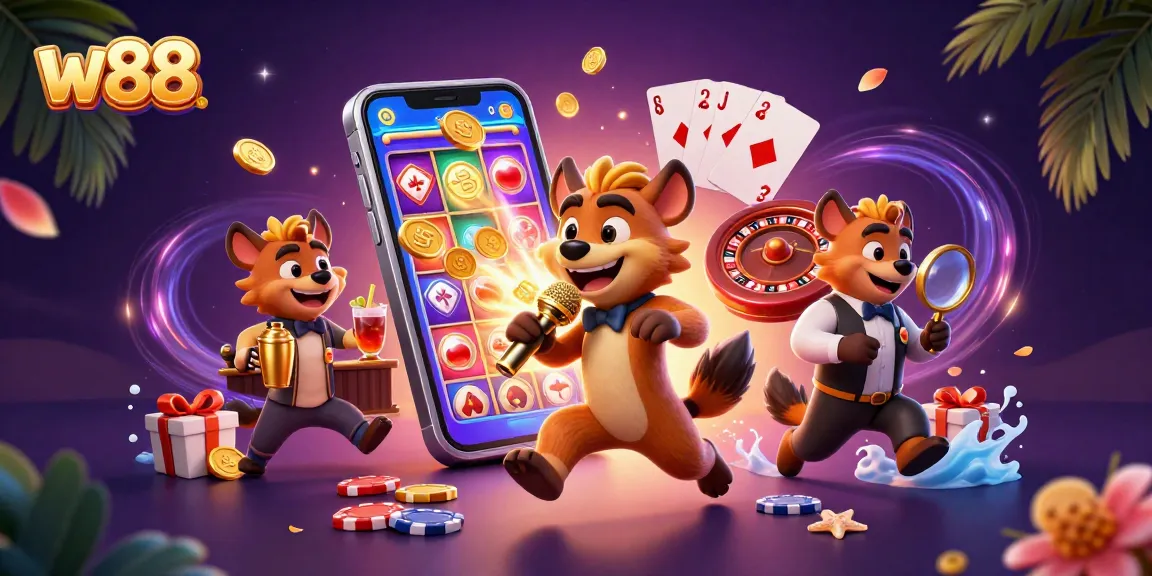 Engage with the vibrant w88 casino scene featuring a comedian hyena, a bartender, and immersive gaming elements.