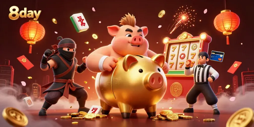 Experience thrilling moments with 8day in an online casino atmosphere, featuring vibrant characters and elements.
