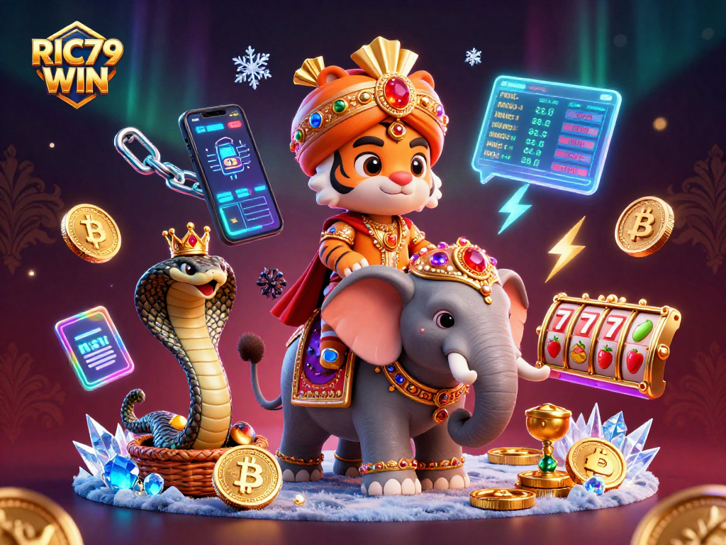 Experience RIC79 WIN with this vibrant casino-themed illustration showcasing a maharaja tiger and jewel-encrusted elements.