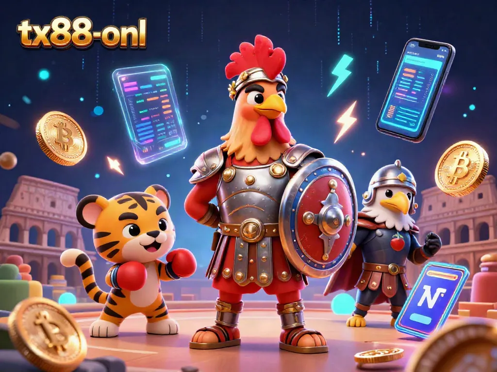 Engage with the exciting world of tx88-onl as a cartoon gladiator rooster battles in a vibrant casino-themed arena.