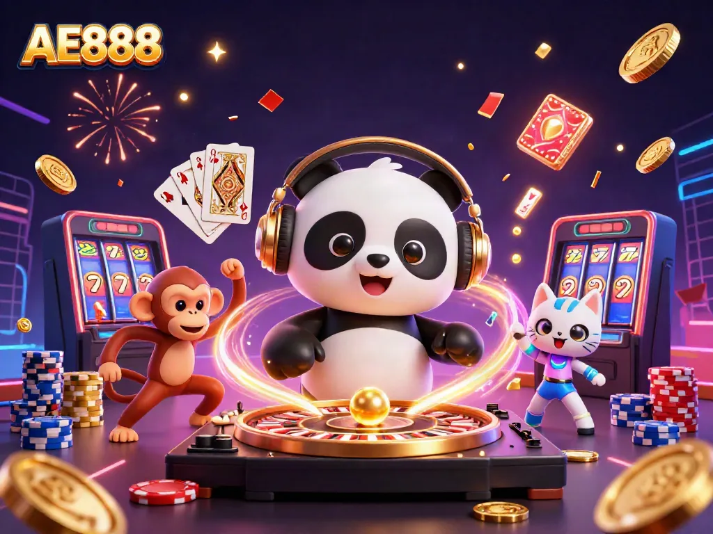 Experience vibrant action at AE888 with a DJ panda, dancing monkey, and glow-stick kitten amidst casino elements.