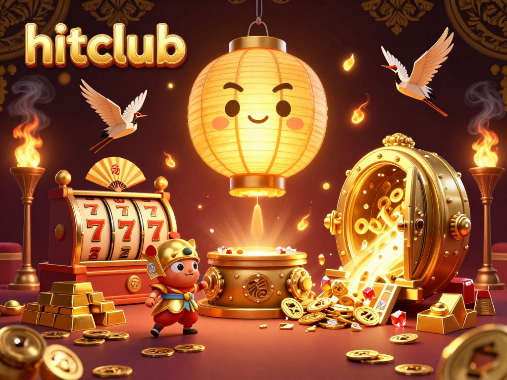 Hitclub night market casino illustration featuring golden lantern spirit and slot reels bursting with treasures.