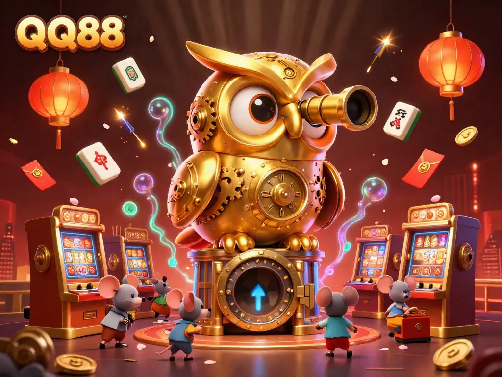 Experience the thrilling atmosphere of QQ88 with lively characters amidst dynamic casino elements.