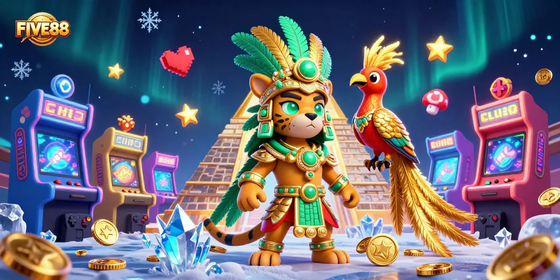 Gamblers engage with FIVE88 through vibrant 3D casino and gaming elements in an illustrated scene.